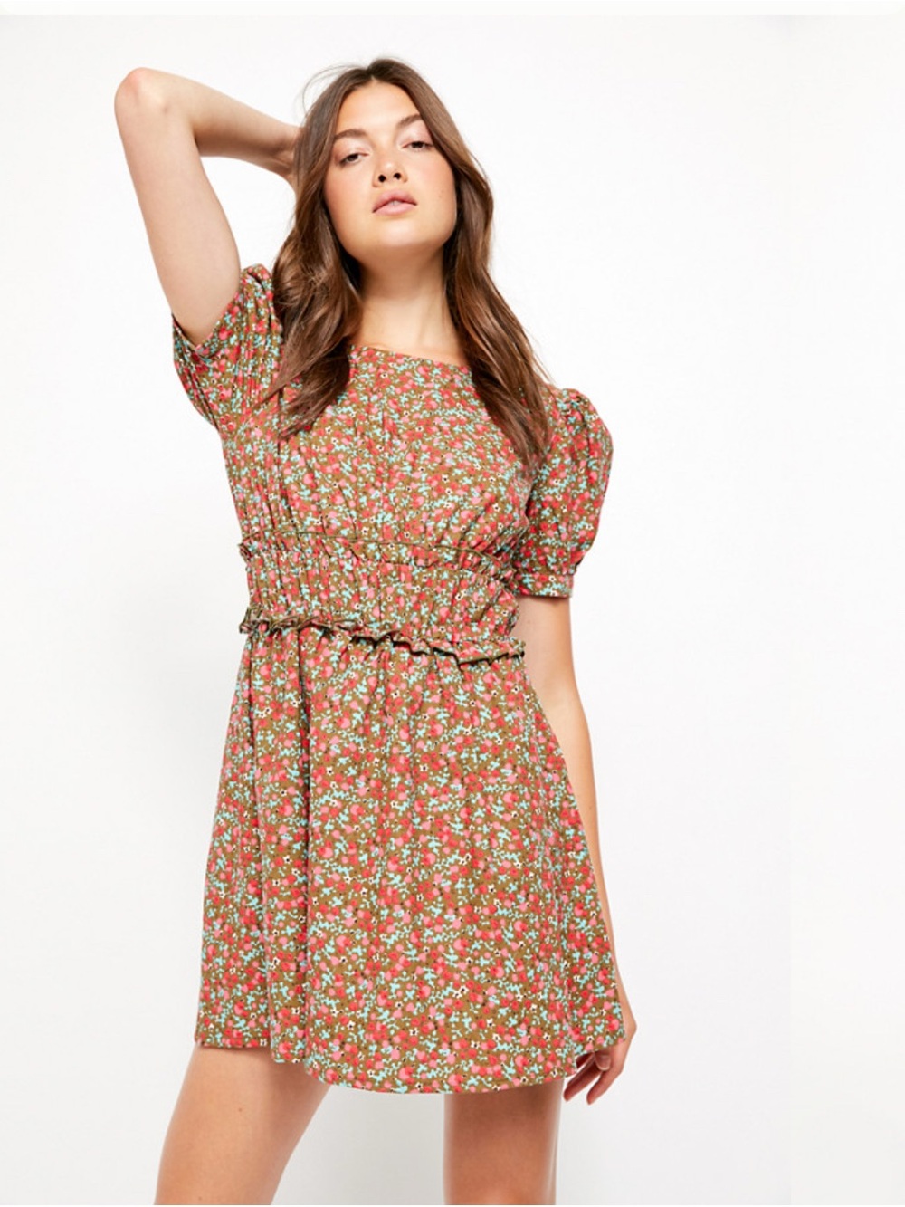 Free People Coral Floral Smocked Mini Dress